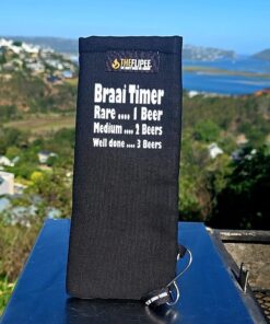 A braai grid handle sleeve / sock - With the following saying on. "Braai timer. Rare... 1 beer. Medium... 2 beers, Well done...3 beers.