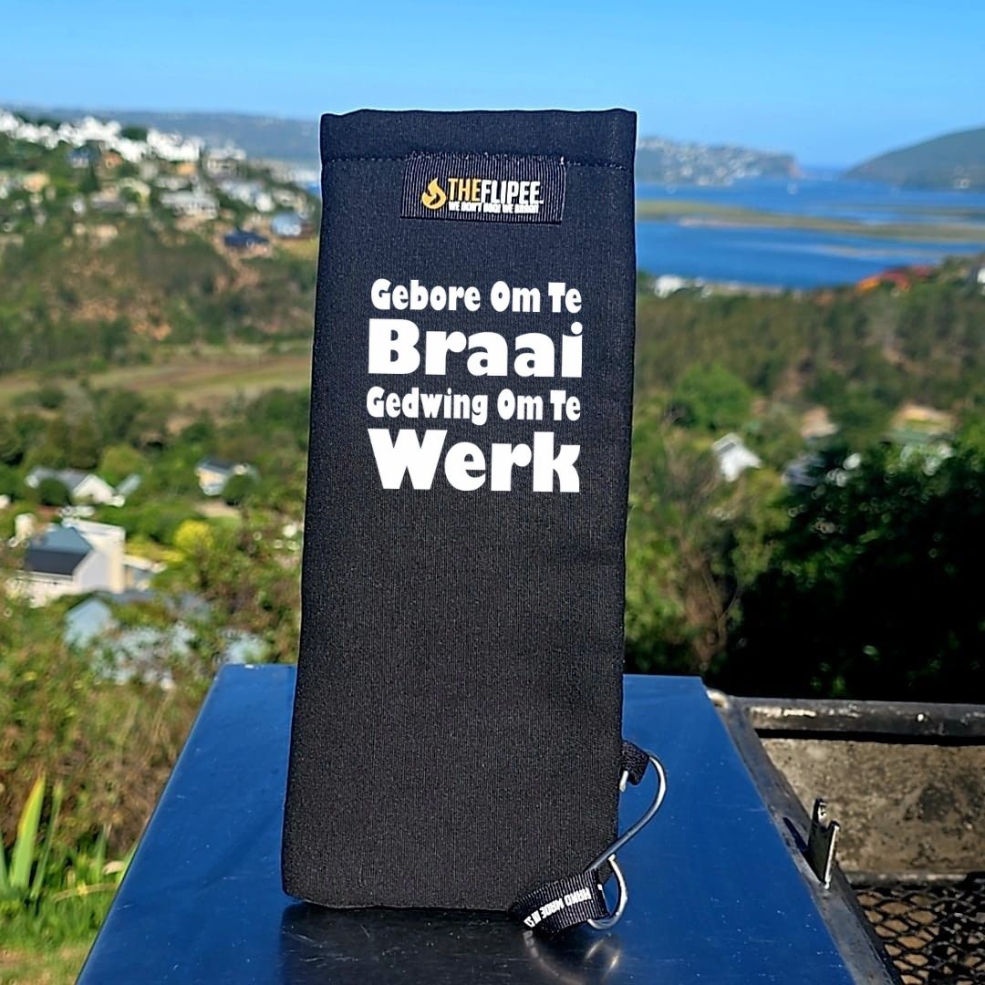 A braai grid handle sleeve / sock - With the following saying on: "Gebore om te Braai. Gedwing om te werk"